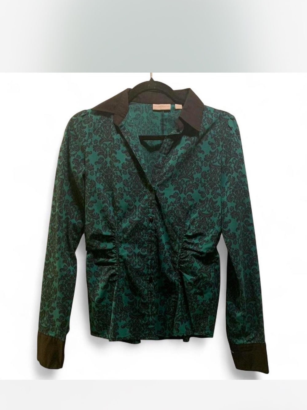 New York & Company Teal and Black Brocade Button-Down Shirt